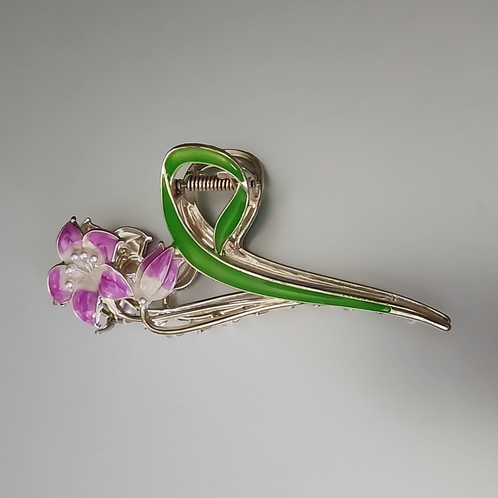Metal Flower   Hair Claw Large  Gold Enamel Pink